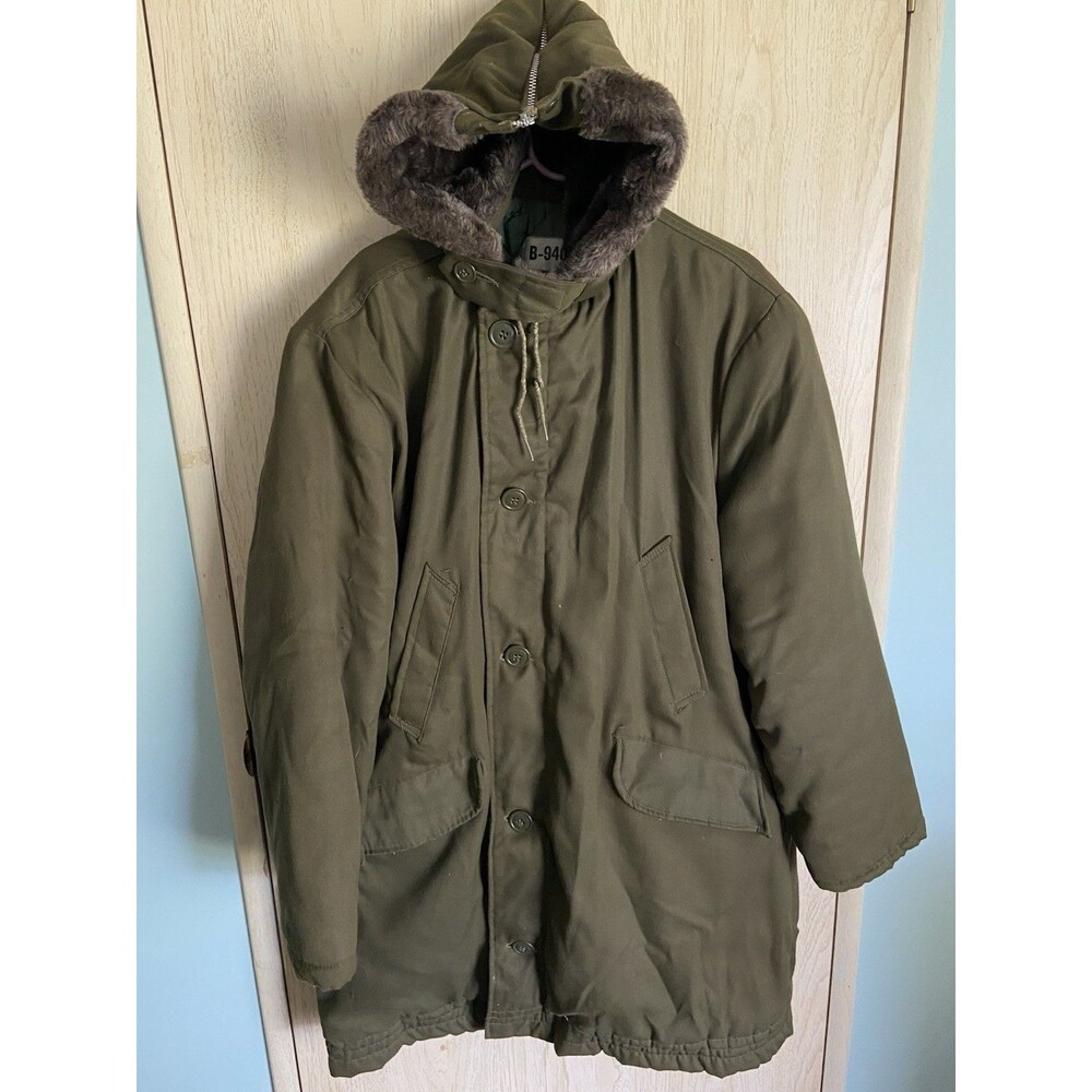 RARE Vtg 50s MILITARY B-940 PARKA SPLIT ZIP HOOD CHIN STRAP QUILTED LINING Large